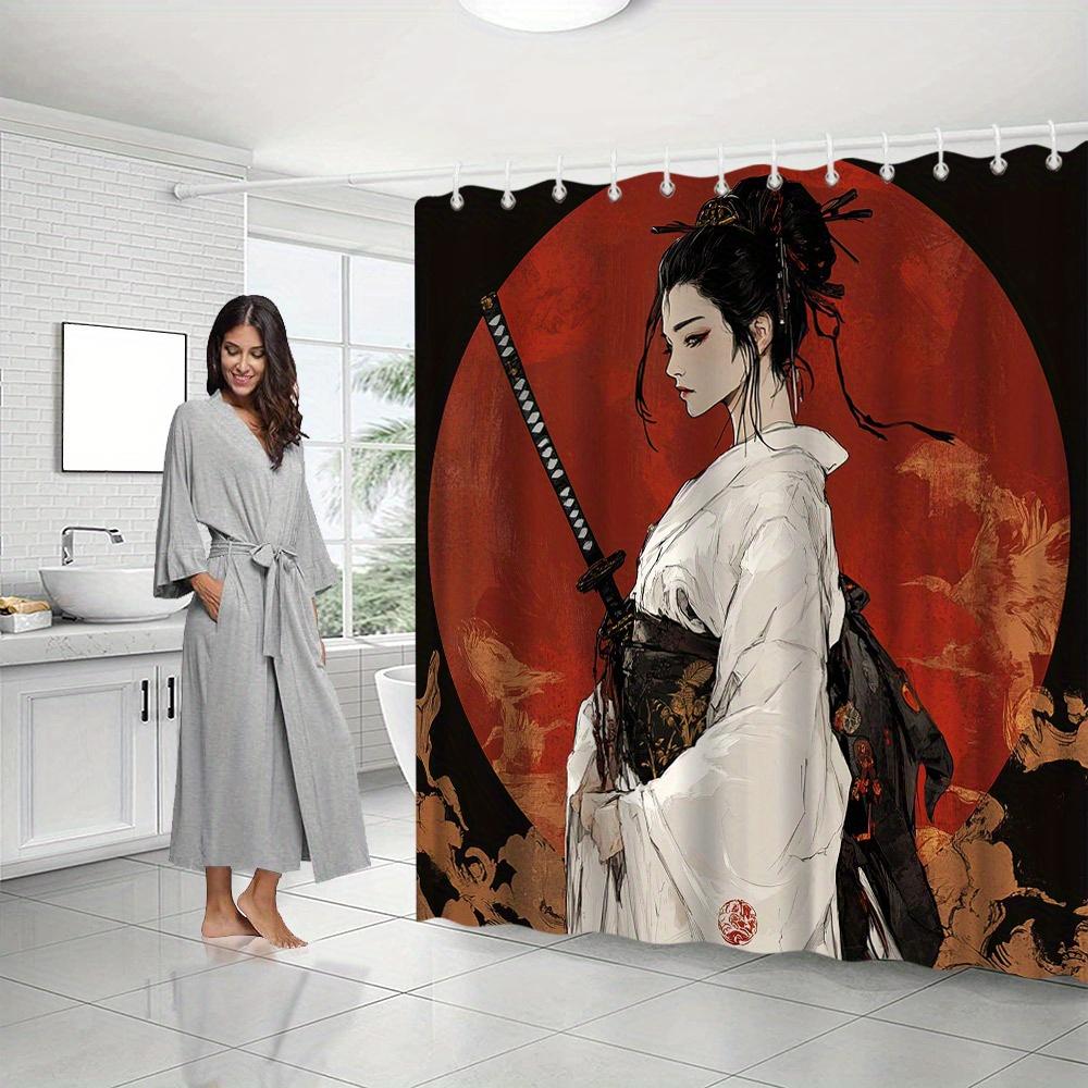 1Pc Anime Style Digital Artistic Japanese Geisha Swordswoman Shower Curtain Red Sun Kimono Katana 12 Hooks 70*70 Inch - Polyeste