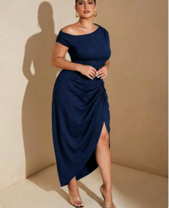 Summer 2025 Slim Fit Waist-Hugging Slit Dress - European & American Style with Short Sleeves