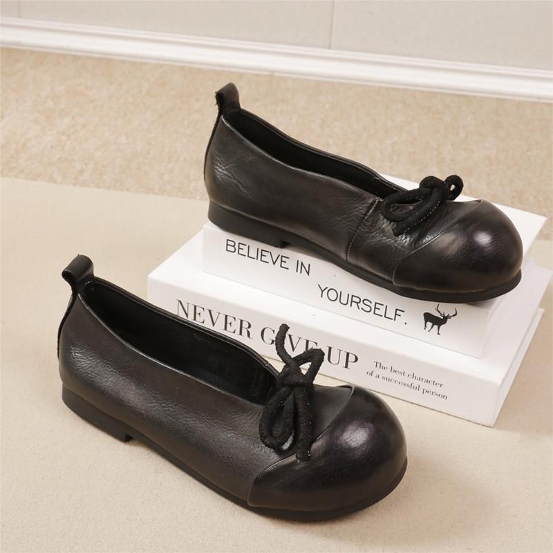 Johnature Women's Shoes Genuine Leather Flat Shoes Soft Soled Butterfly Bow Shallow Slip-on Shoes
