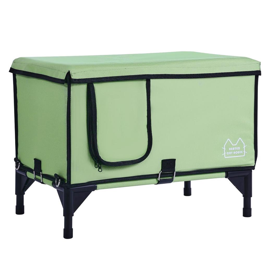 Elevated Heated Cat House Cuboid Kitty Shelter with Heated Pad Green (M)