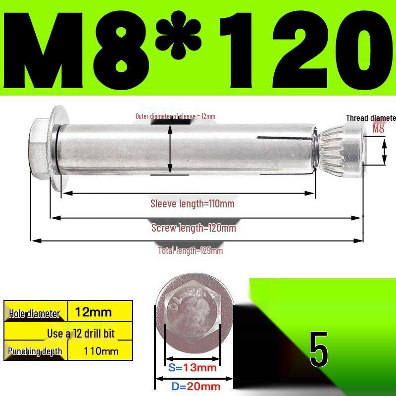 Stainless Steel Expansion Screw: Hexagonal Head with Internal Expansion (304/201), Sizes M6, M8, M10, M12.