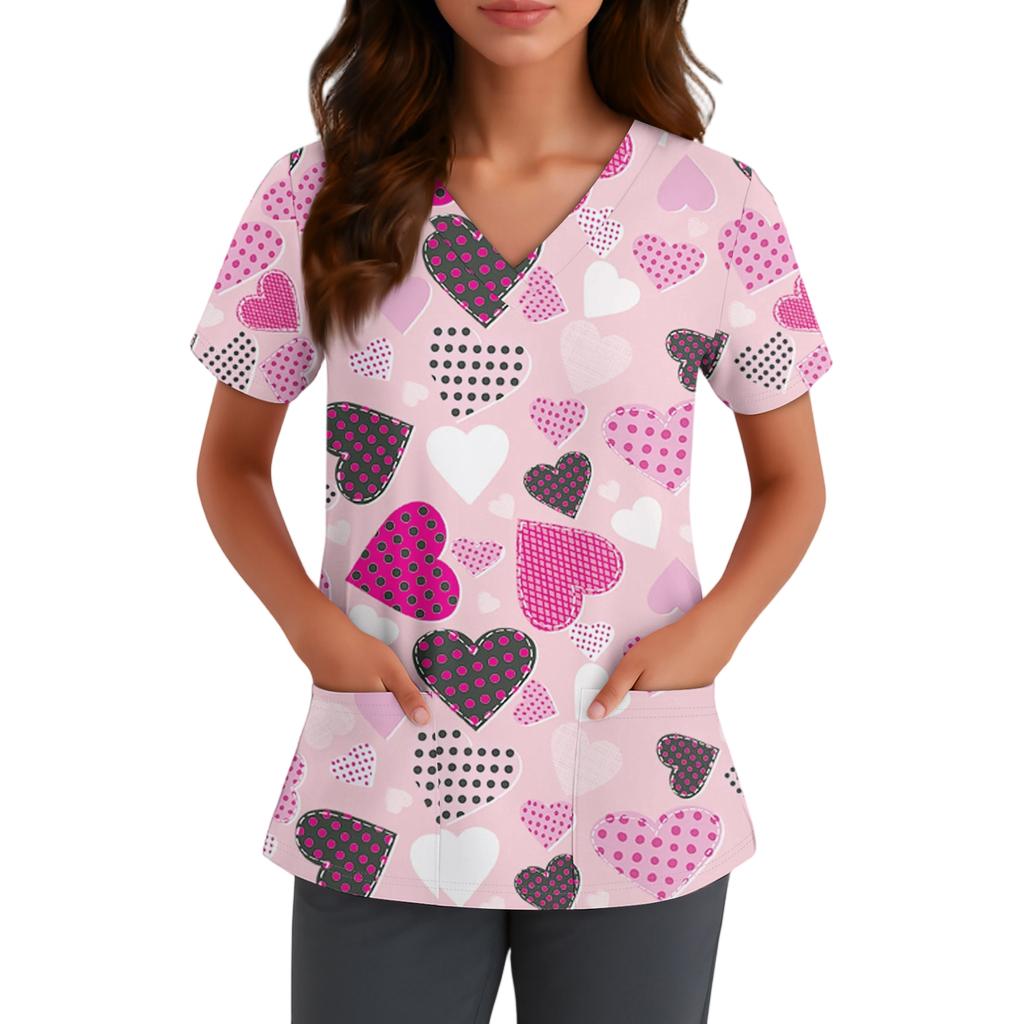 Women's Cute Bow Printed Work Clothes V-neck Double Layer Pockets Basic Short Sleeve Top Pullover