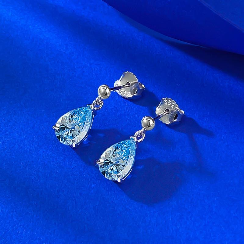 Water Drop Sea Blue Earrings Women'S 7 * 10Mm Pear-Shaped Diamond Colored Treasure Ear Jewelry