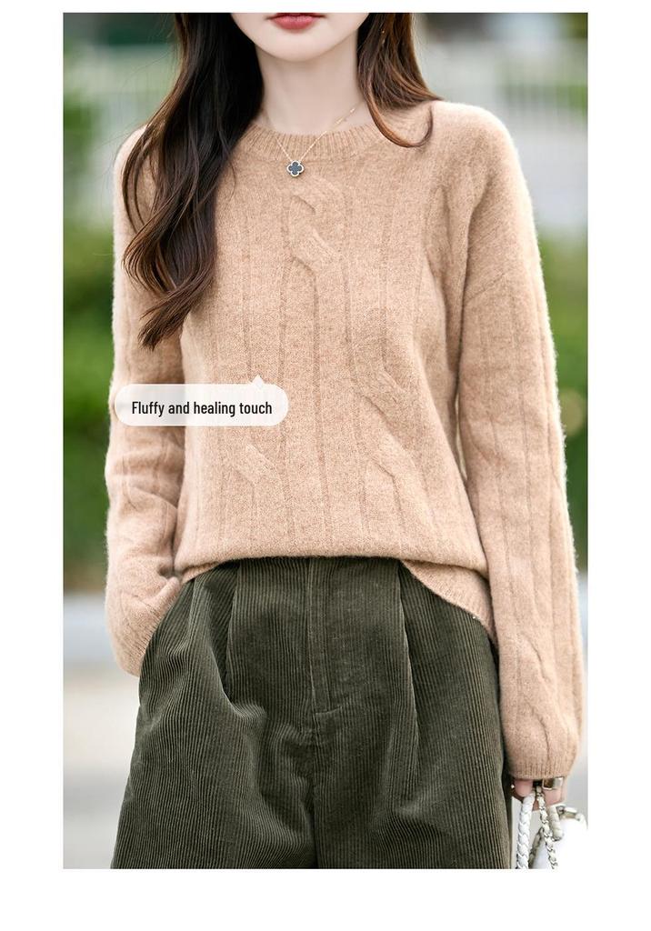 Women's 100% Wool Cable Knit Pullover - Round Neck, Long Sleeve, Solid Color, Loose Fit