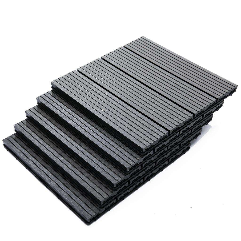 Set of 11 Interlocking Anti-Slip Outdoor Tiles in Recycled HDPE, 30x30x2.2 cm, Grey