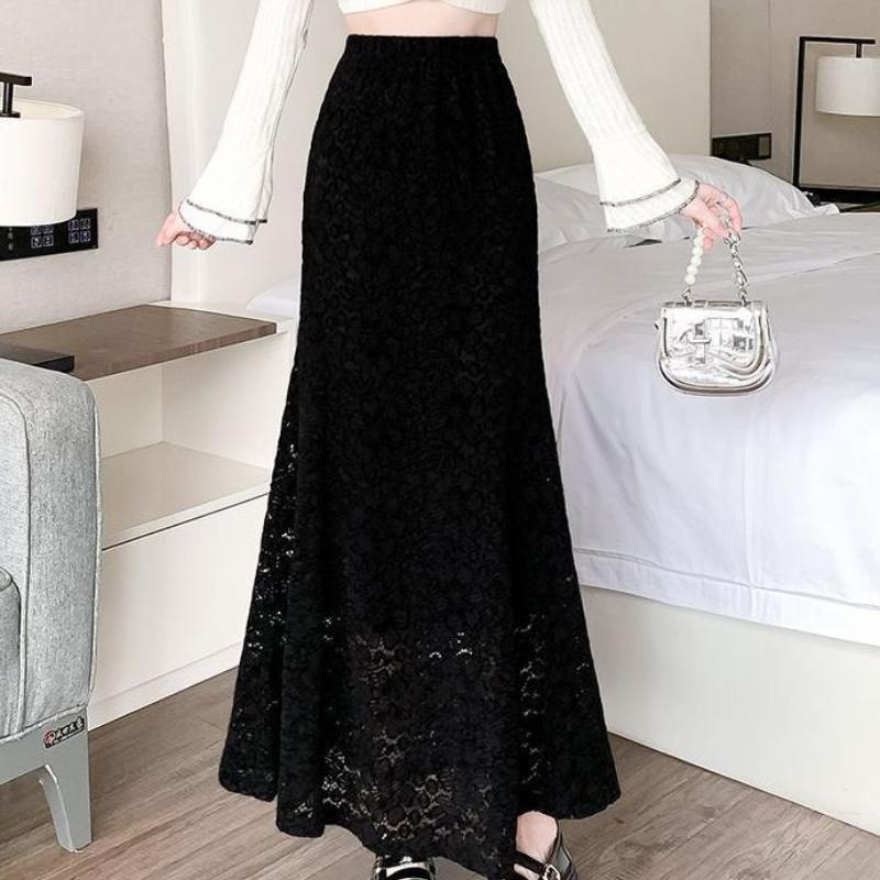 Fusta cu coadă de pește din dantelă pentru femei, cu talie înaltă, fustă subțire, cu șold, toamnă, primăvară, elegante, fuste lungi