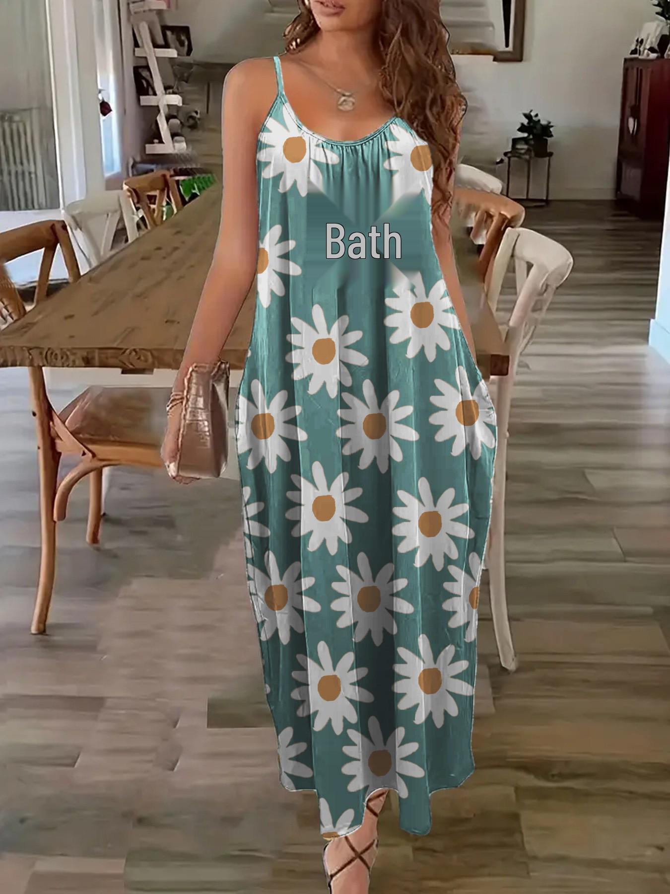 Spring Floral Spaghetti Strap U-Neck Pocket Dress - Casual Seaside Holiday Style XL синий