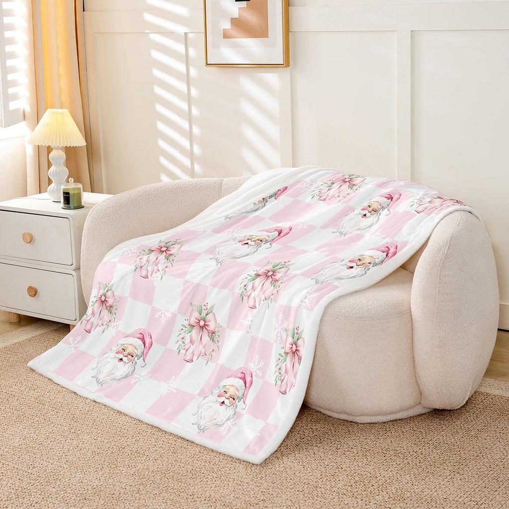 Santa Claus Blanket for Boys Girls Kids Super Soft Warm Pink Bowknot Sherpa Fleece Blanket White Snowflake Throw Blankets Grid
