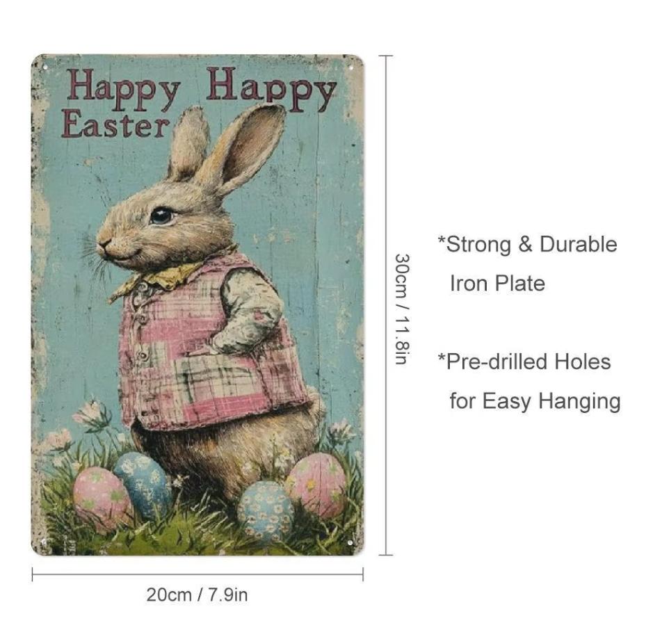 

Vintage Easter Bunny Metal Plaque x Country Style Spring Wall Hanging Home Kitchen Outdoor Decor Ideal Easter Holiday Gift 20x30cm（7.8x11.8inch）