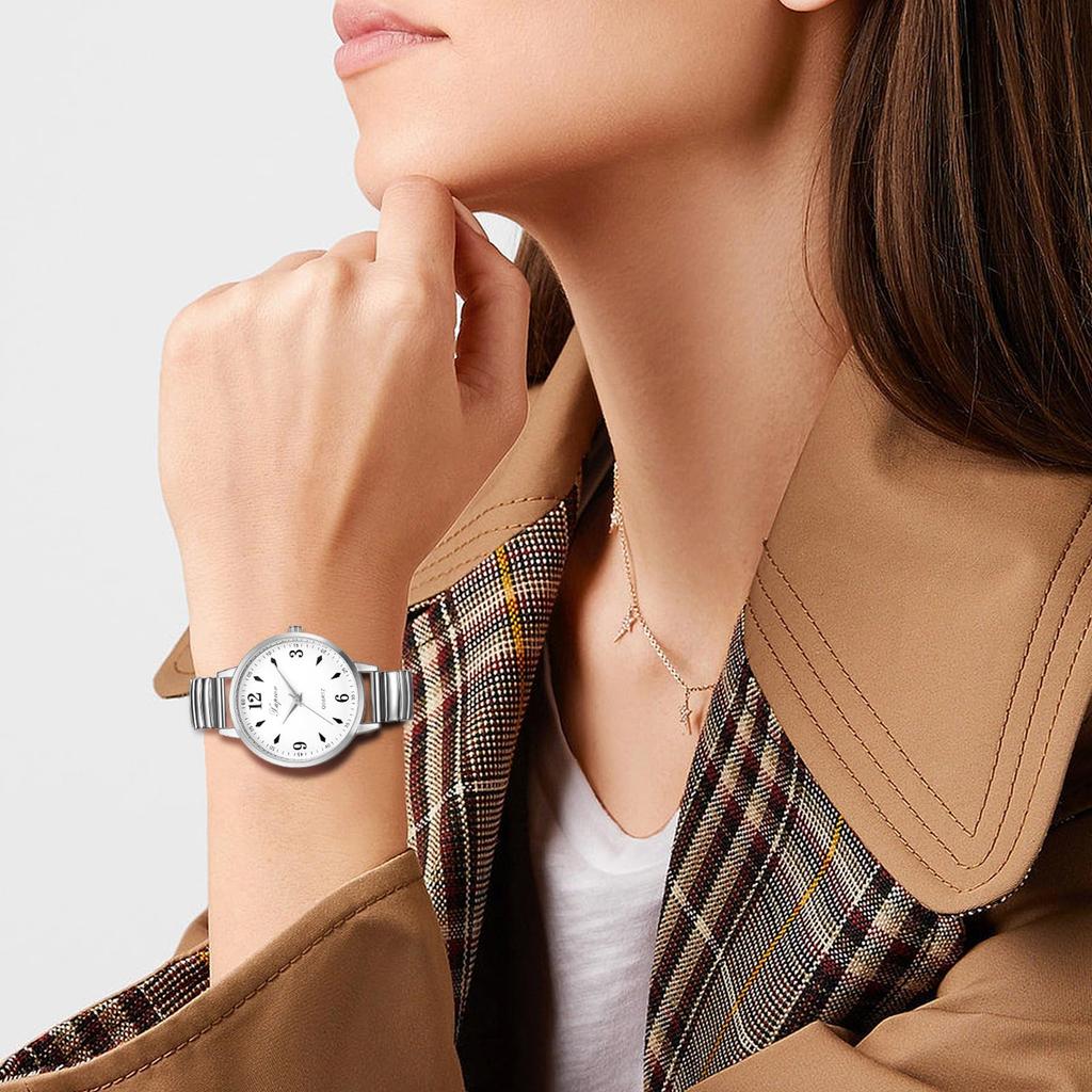 Waterproof Watch with Large Analog Numeric Stretchable Stainless Steel Quartz Fashion Watch Perfect for or as a Gift for Her Women's Display, Silver