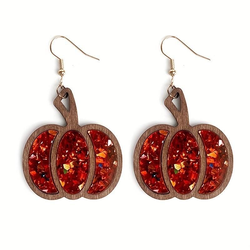 1 Pair Halloween Autumn Thanksgiving Earrings Vintage Big Pumpkin Earrings Wood Inlaid Sequins European and American Earrings