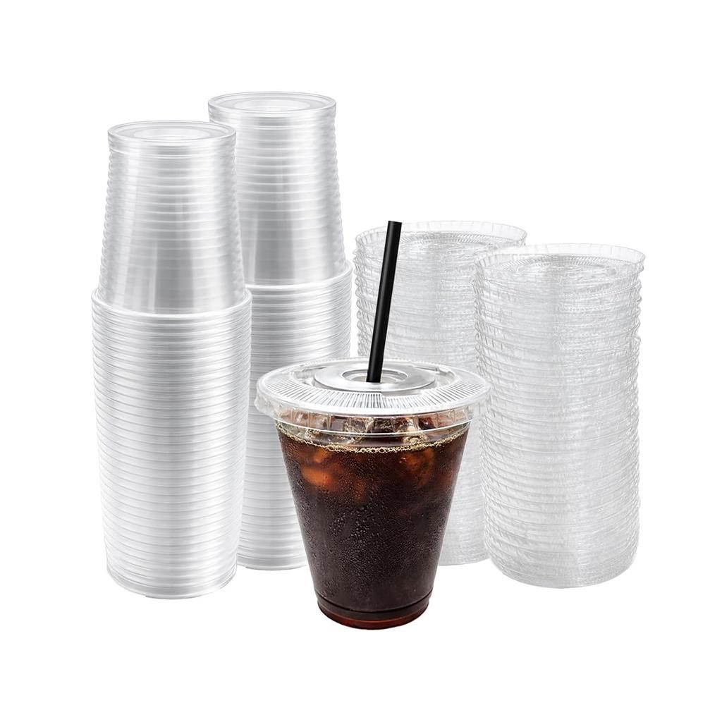Irokagu Plastic Cup 12 Ounces Flat Lid 100 Pieces Set 340ml Diameter 85mm Transparent Takeout Use
