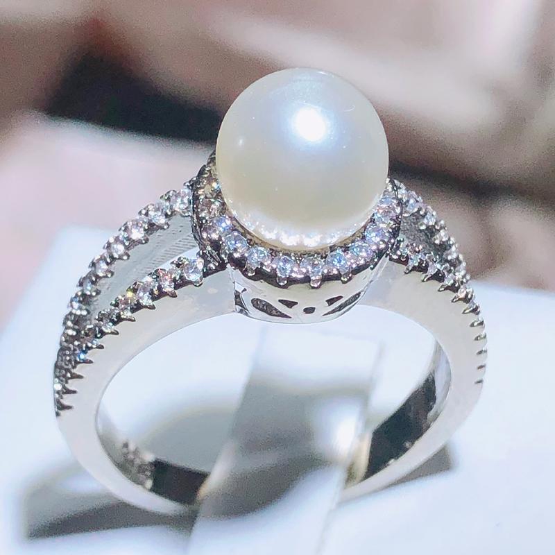 Stamp Vintage Elegant Freshwater Pearl Ring Ladies Wedding Proposal Jewelry Luxury White Zircon Jewelry Gift