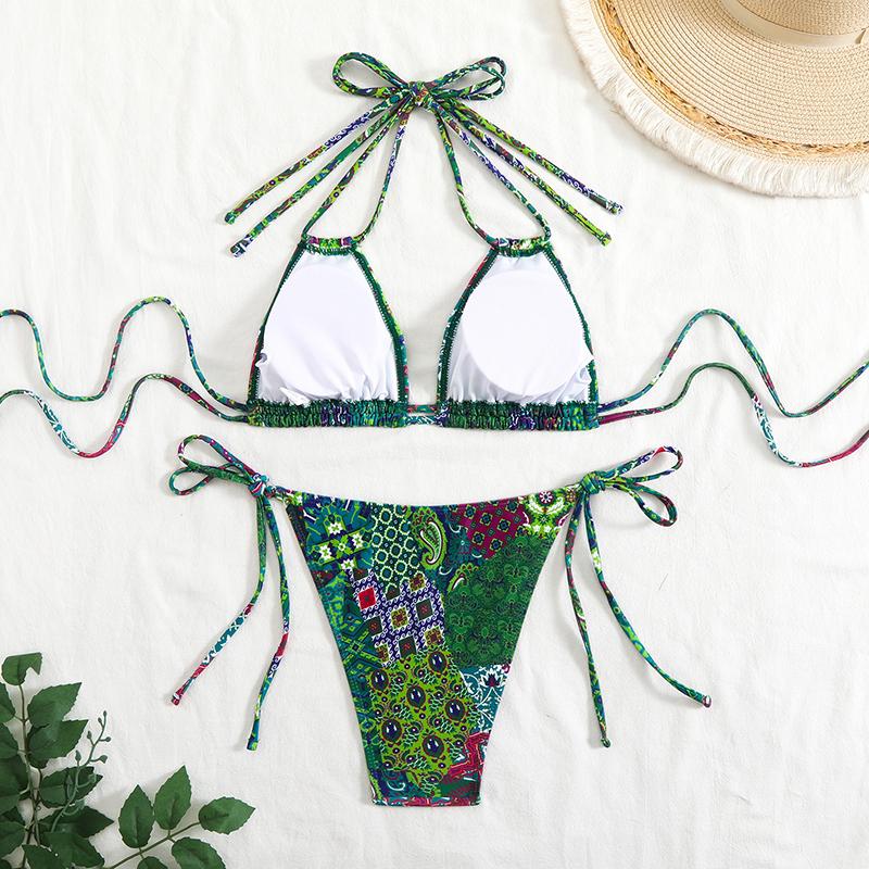Women's Bikini Suit New Summer Sexy Floral Double Spaghetti Straps Two Piece Swimming Set Ladies Bathing Suit