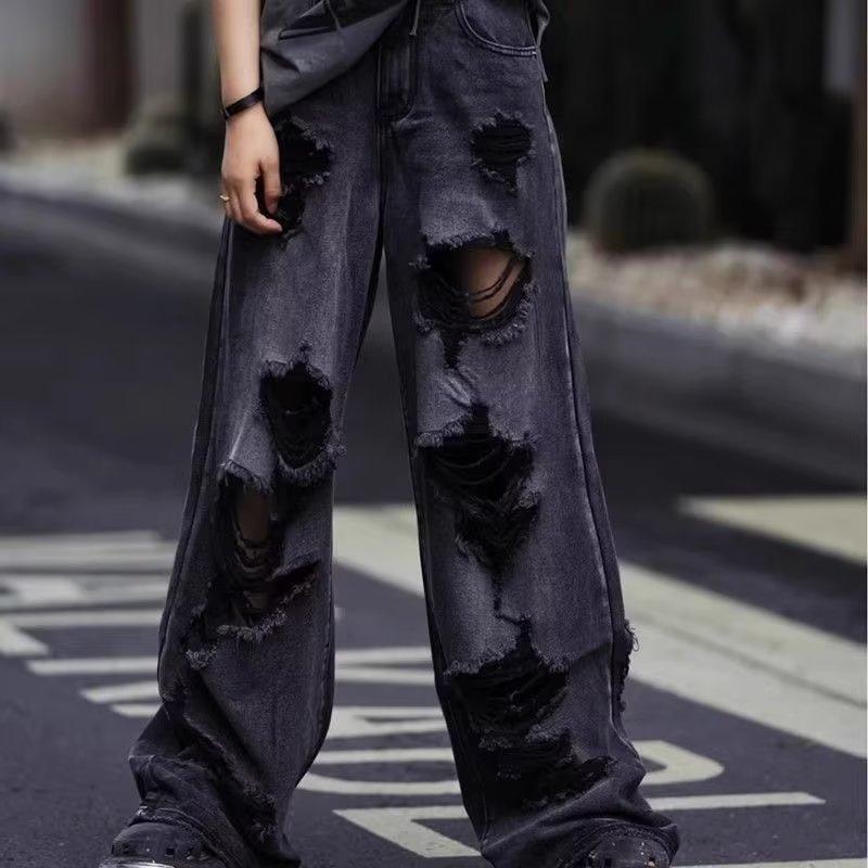 New vibe ripped wide-leg jeans for men 2026, washed and distressed straight-leg floor-length pants