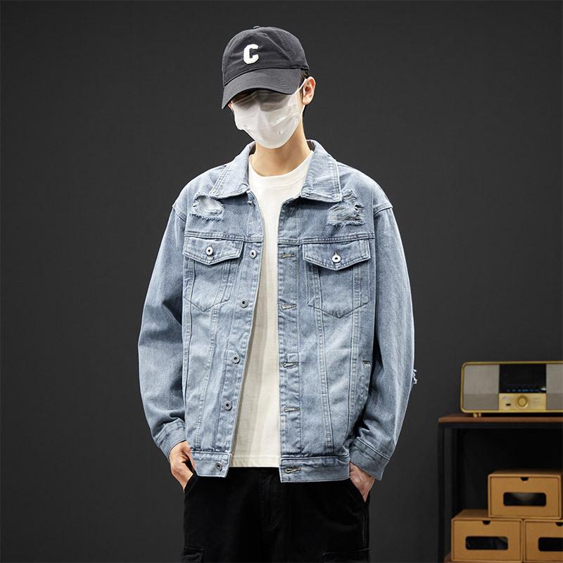 

Мужская осенняя новая джинсовая куртка потертая выстиранная хулиганская красивая свободная подростковая куртка с лацканами мужское пальто 3XL