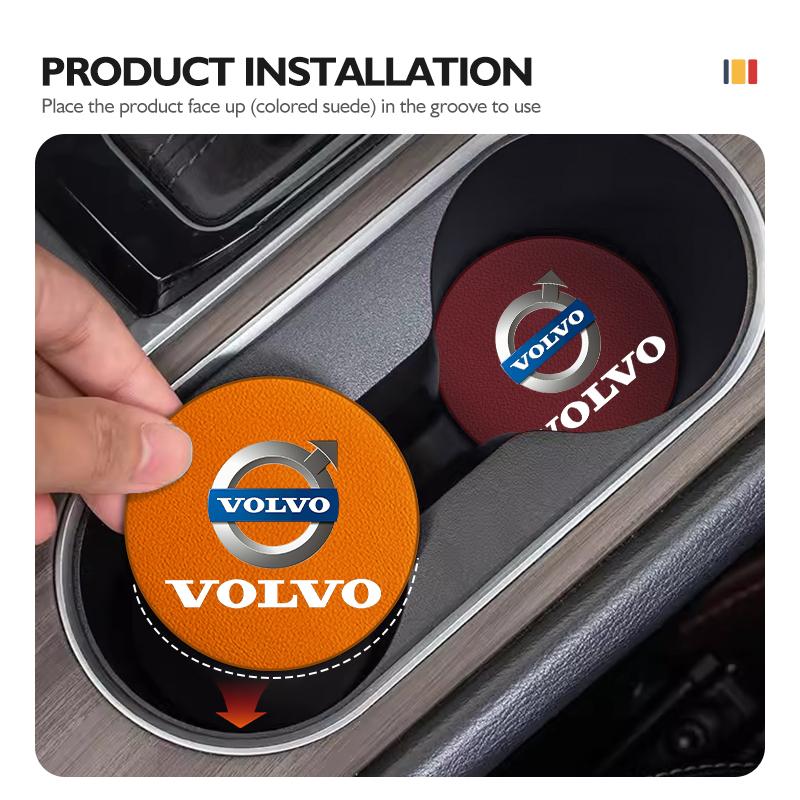 For Volvo 2Pcs Leather Car Coaster Water Cup Slot Mat Anti-slip Pad Xc60 Xc90 V40 V60 S60 V50 V90 S80 C40 XC40 V70 XC70 C30