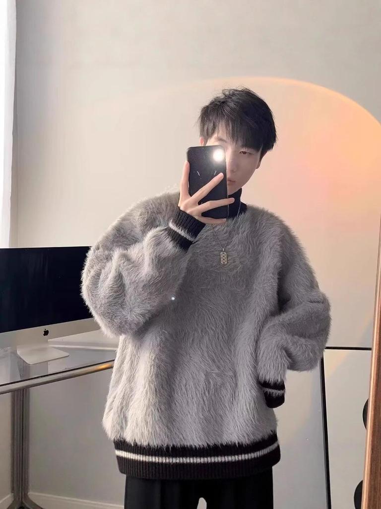 Unisex svetr v americkém stylu s patchworkem z umělého norka, vysoký límec - Ležérní, Módní, Dlouhý rukáv, pro podzim a zimu