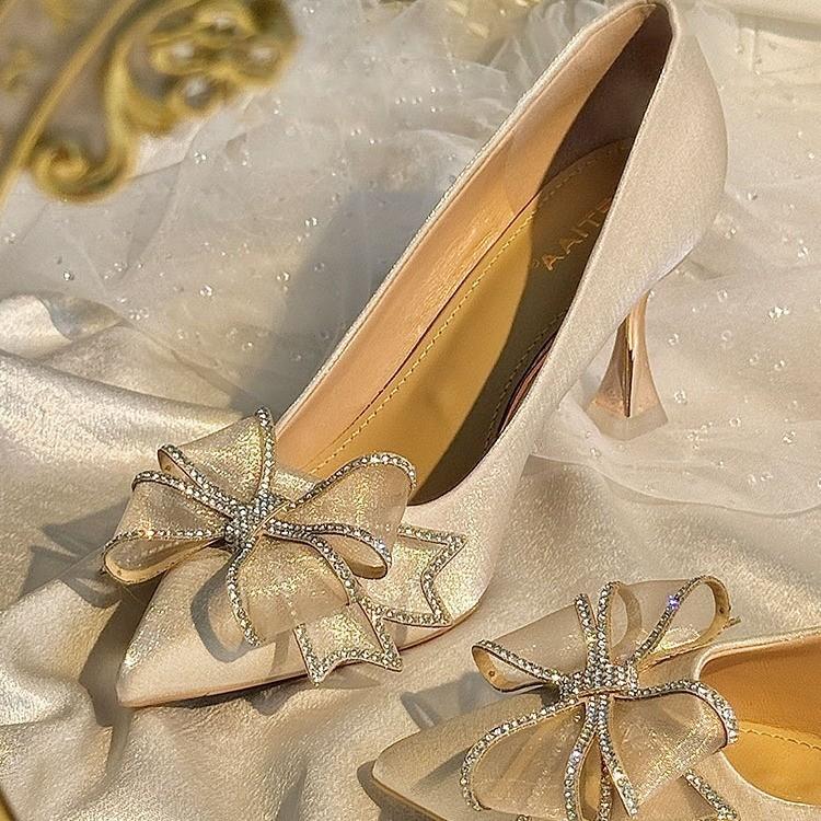 New rhinestone bow satin bag head sandals with high heels stiletto fairy style Roman shoes