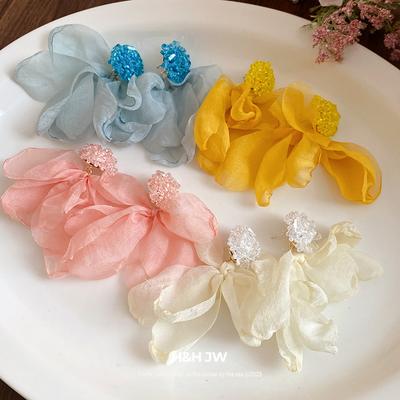 Silver Needle Fabric Chiffon Flower Fringed Stud Earrings Women's New Popular Earrings Niche Design Earrings