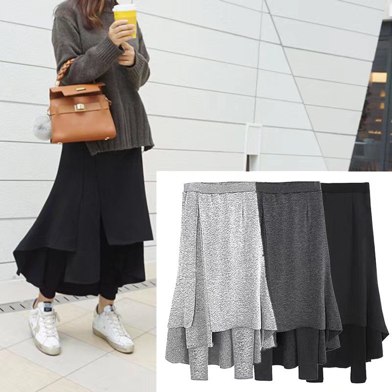 

Модный стиль Необычная юбка-брюки Женская новинка Имитация двух частей Большой размер Юбка с высокой талией Многослойный дизайн Цельные кюлоты Мода Black is not Fleece-lined L