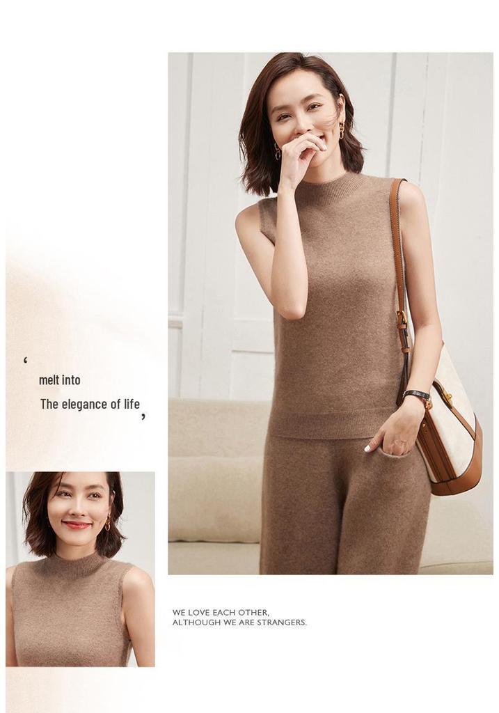 Women's Cashmere Sleeveless Vest - Autumn/Winter, Half-High Collar, Solid Color, Seamless Knit Pullover