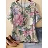 Camiseta de Manga Corta con Cuello Redondo y Estampado de Flores 3D para Mujer