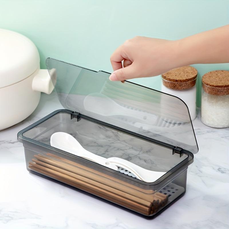 Chopstick Box with Cover Dust-Proof & Drainable Plastic Utensil Organizer Tension-Mounted Kitchen Storage for Countertop
