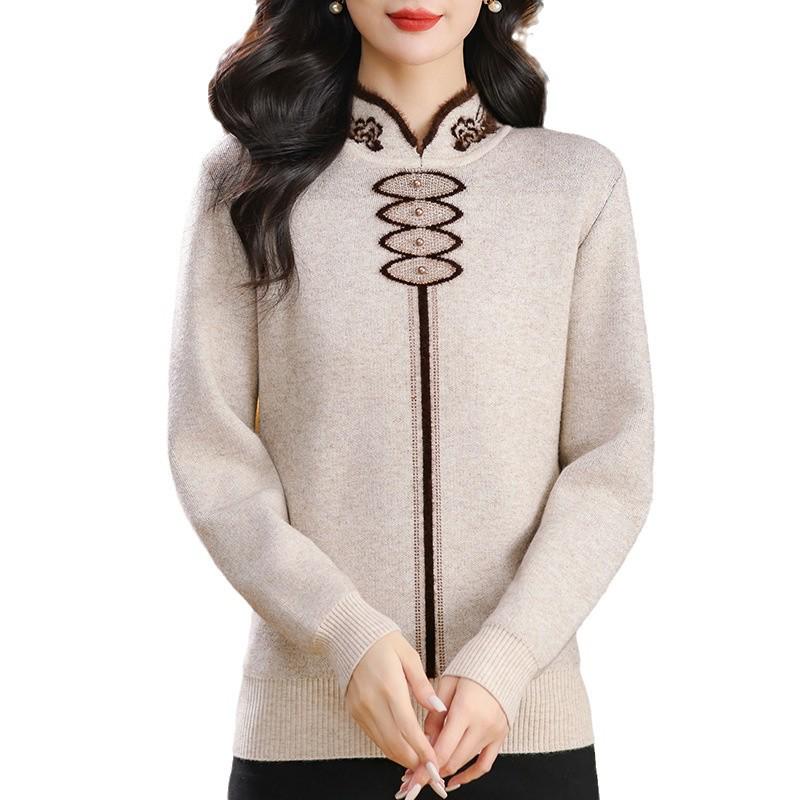 Autumn/Winter Velvet Cheongsam Collar Sweater for Middle-Aged Women - Warm, Stylish Red Top