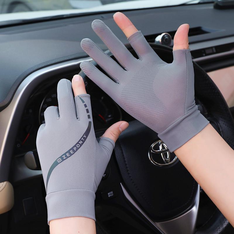 Herr sommar cykelhandskar i isilke, solskydd, halvfinger, två fingrar fria, pekskärmskompatibla