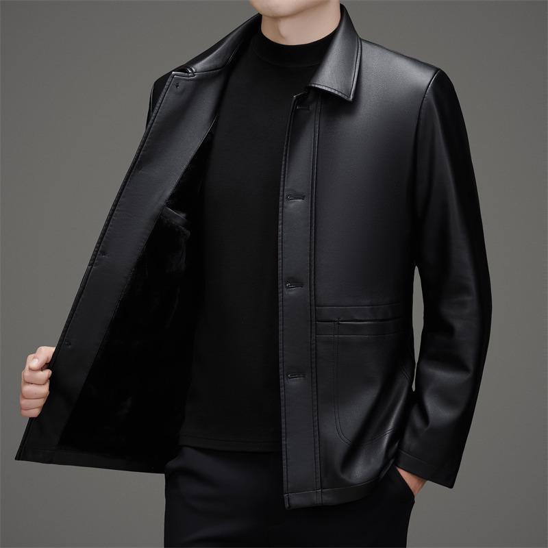 Men's Mid-Length Fleece-Lined Leather Jacket with Turn-Down Collar, Plus Size, Casual Coat