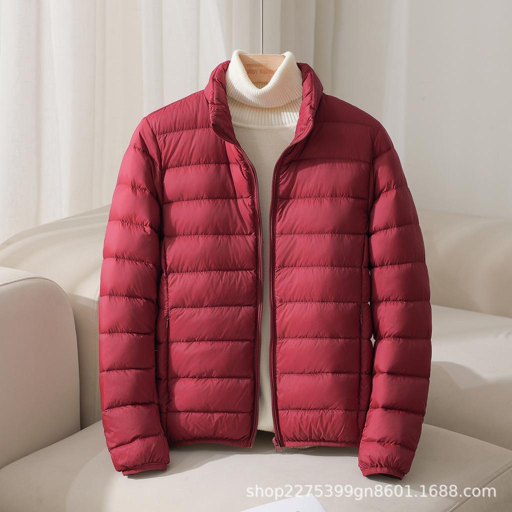 Women's Lightweight Puffer Jacket Stand Collar Zipper Long Sleeve Quilted Short Down Coat Solid Color