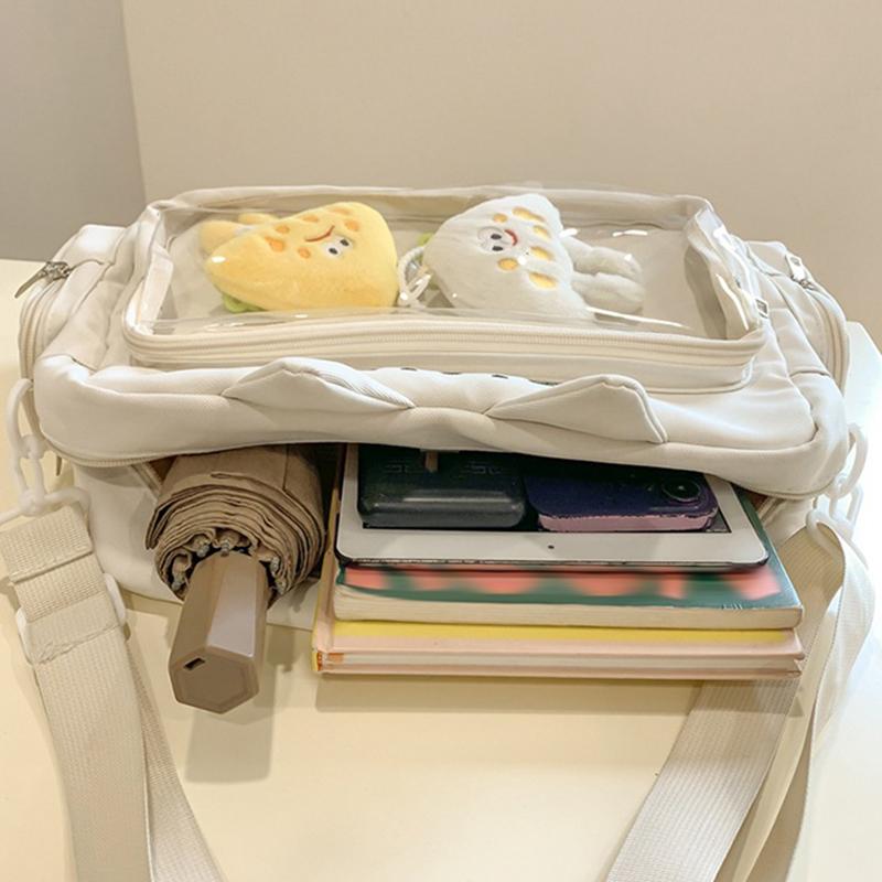 Roztomilá průhledná taška přes rameno s kočkou Velkokapacitní studentská crossbody taška Anime plátěná taška