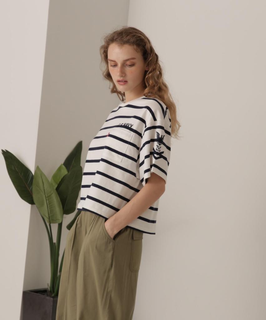 Avirex NAVAL POCKET SHORT Navy Size F Women's T-SHIRT, Striped, 122, 783-5935601