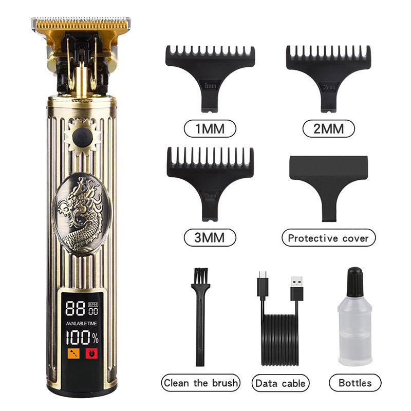 Retro T9 Electric Hair Clipper with LCD Display, USB Charging, Buddha Head Design, Oil Head Styling, and Power Push Technology.