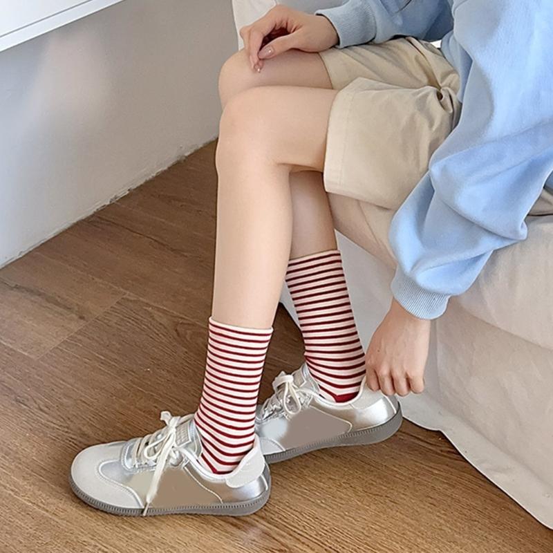 Womens Japanese Korean Cotton Middle Calf Socks Elegant College Style Casual Multicolored Striped Crew Socks Streetwear