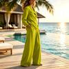 Loose Fit Elegant Color Lapel Collar Long Sleeve Top and Pants Two-Piece Set for Casual Wear