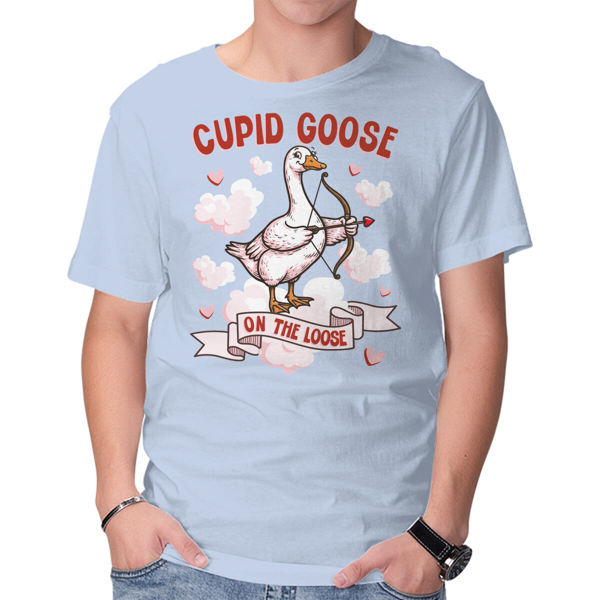Unisex Crew Neck T-Shirt Cupid Goose Valentines Day Graphic Short Sleeve Casual Tee XXXL