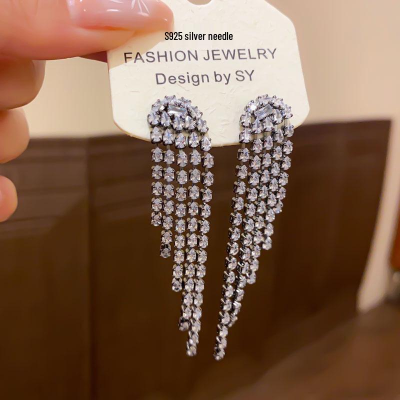 European & American Silver Needle Zircon Water Drop Tassel Earrings - Fashionable, Versatile, High-End Studs for Women