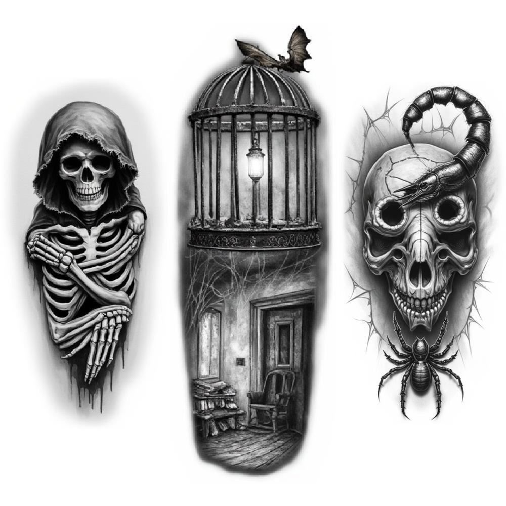 3pcs Temporary Tattoo Waterproof Long-lasting Body Stickers Grim Reaper Gothic Cage Skeleton In Hat For Arms Women Men