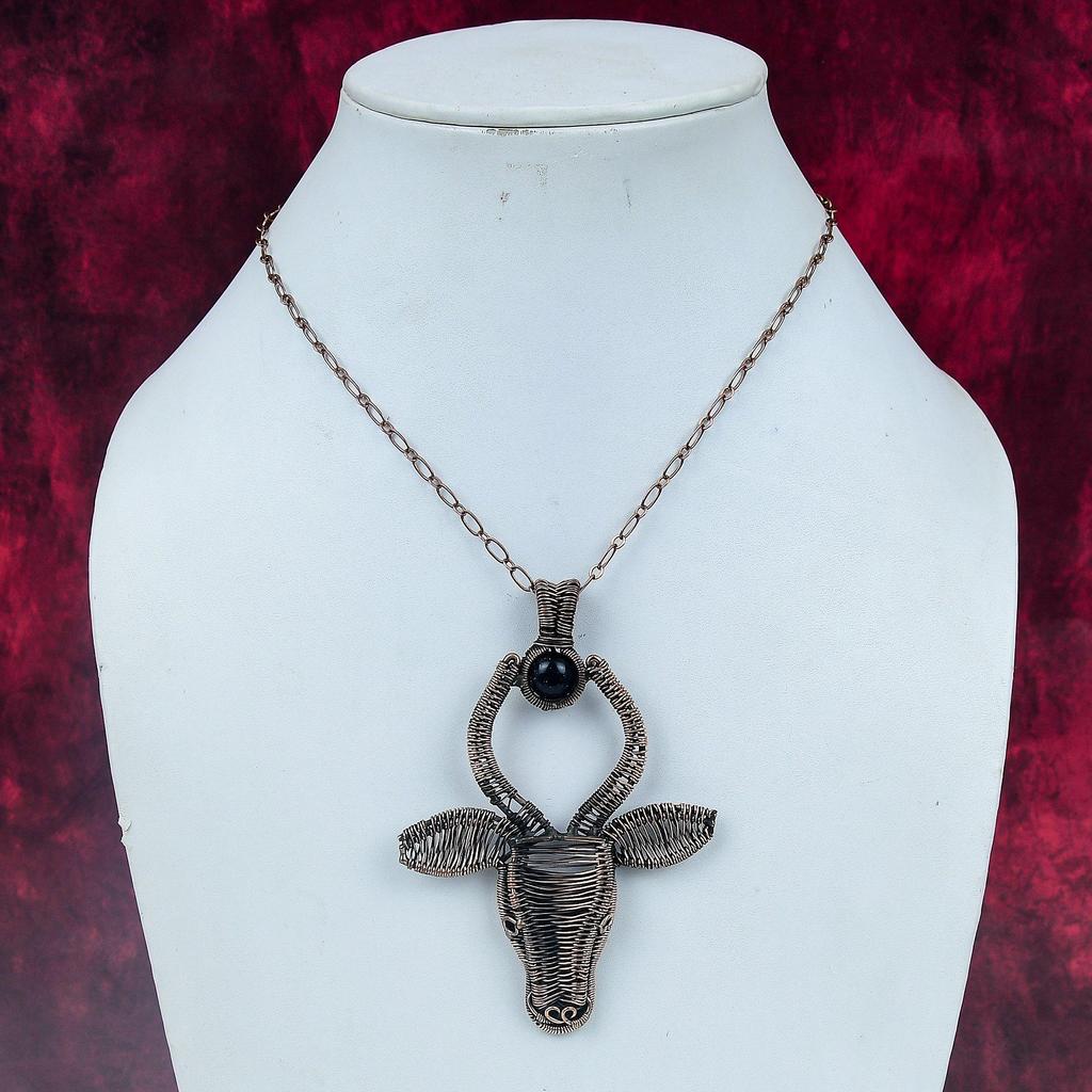 Blue Sunstone Pendant Copper Wire Wrapped Cow Face Pendant Real Gemstone Jewelry