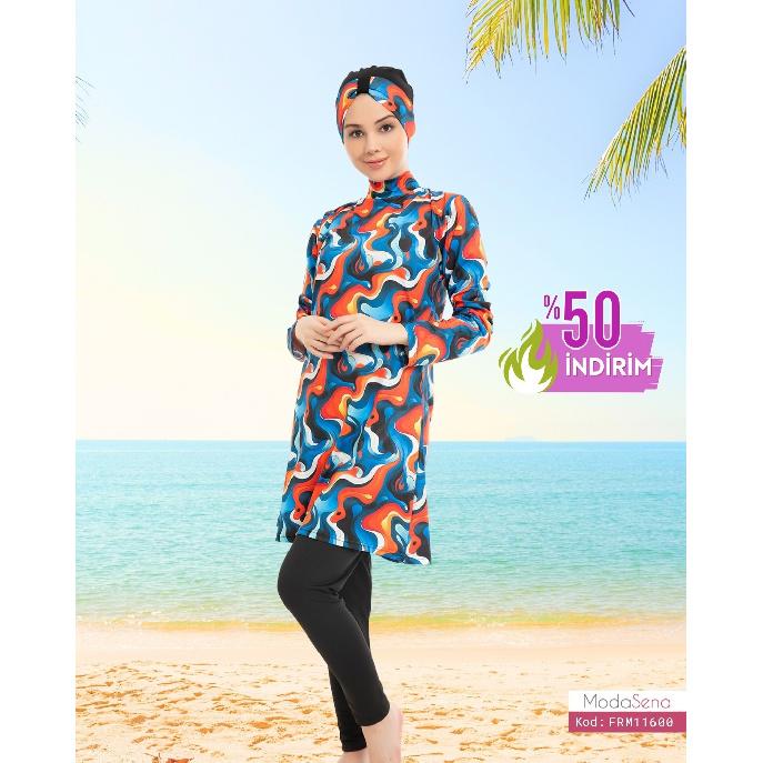 Blue Set Muslim Women Decent Branches Floral Print Seaside Swimwear Full Coverage Swimsuit Beachwear Burkini Swimsuit Set (Without Hijab)