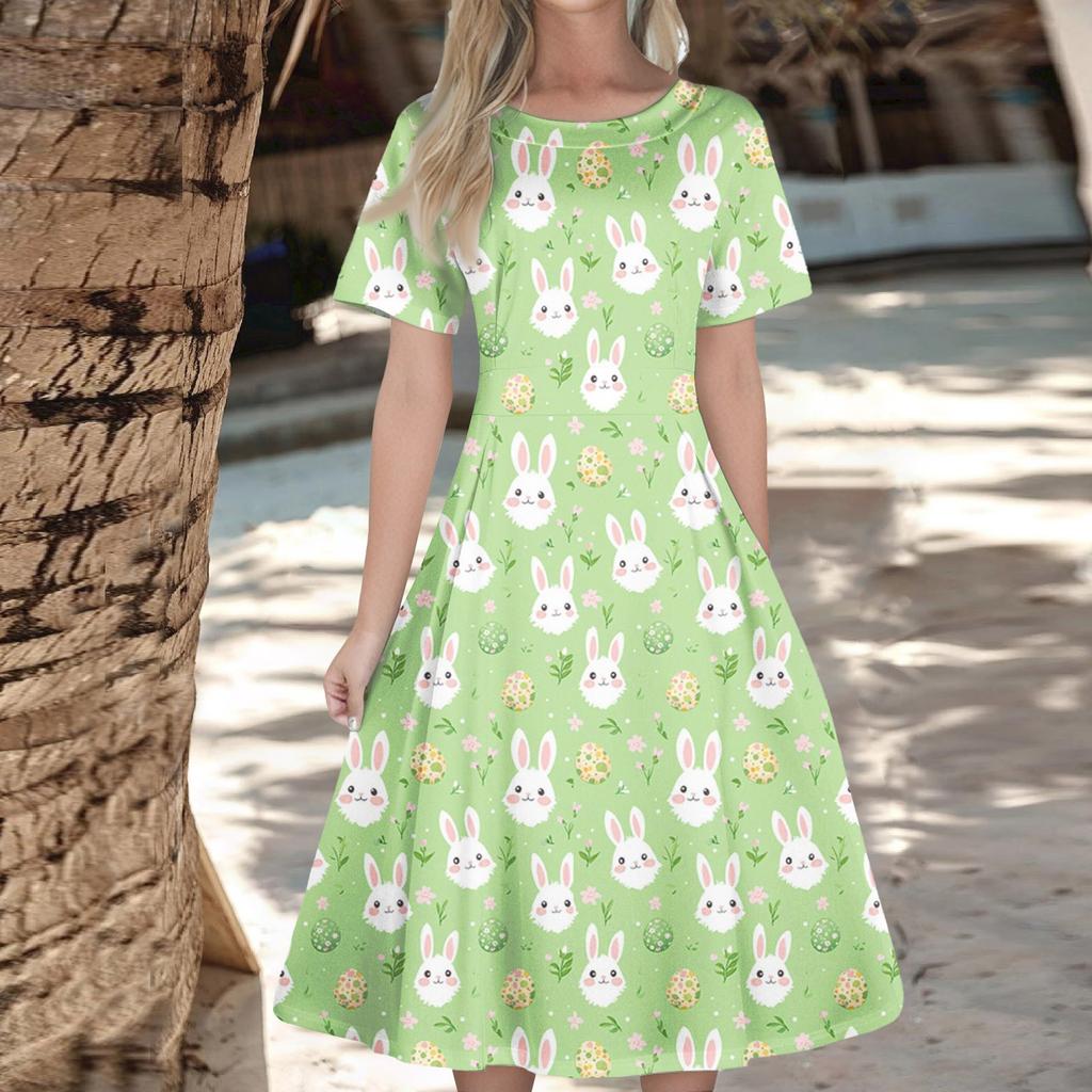Women's Casual Fashion  Dress Easter Printed Round Short Sleeve Waisted Mid-Length Swing Dress (with Zipper)