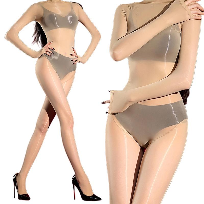 Women Fullbody Jumpsuit Oil Shiny Glossy Transparent Ultra Elastic Stockings Sexy Aurora Ultra-Thin Silky Seamless Pantyhose