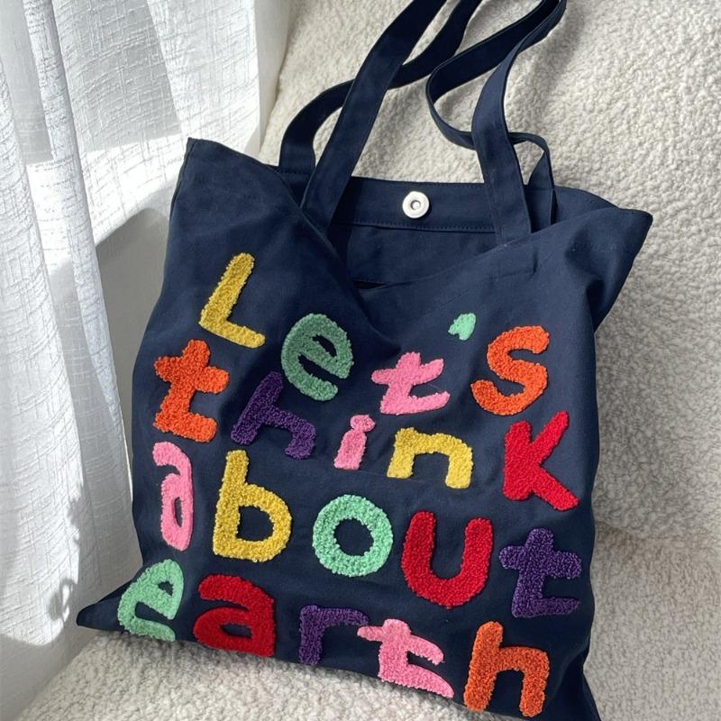 Colored Letter Embroidery Lazy Art Canvas Bag Commuter Versatile Large Capacity Student Shoulder Bag