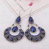 Vintage Palace Style Rhinestone Water Drop Earrings for Women Temperament Hollow Carved Silver Color Metal Earring Femme Jewelry