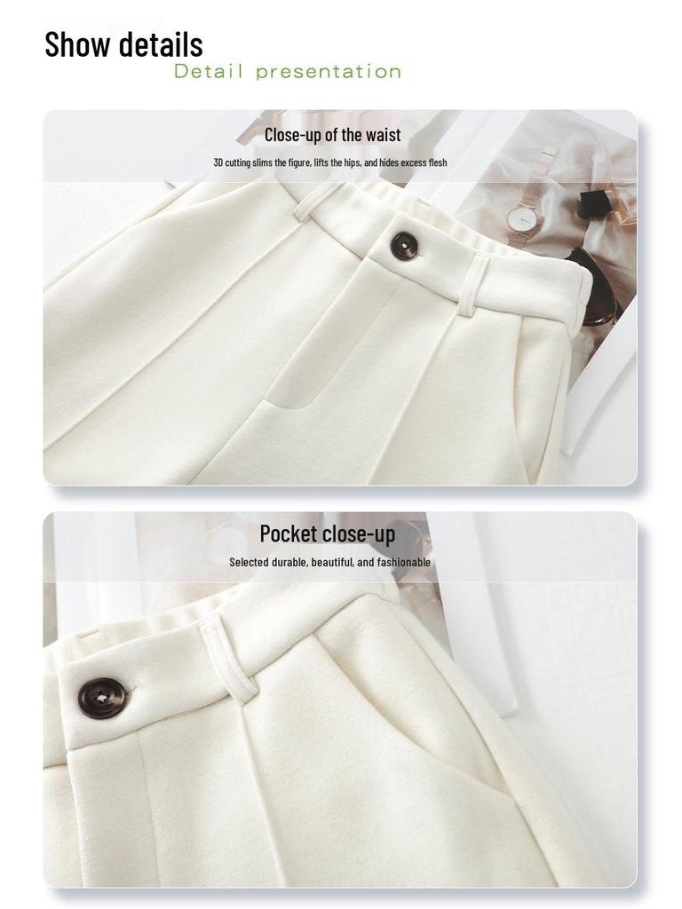 Beige Fleece-Lined Wide-Leg Woolen Pants for Women - New 2024 Autumn/Winter Collection