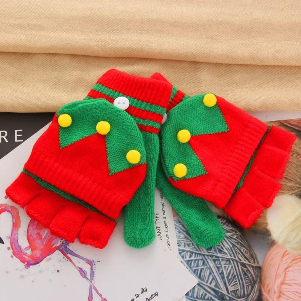 Winter Cute Girls Christmas Gloves Kids Warm Cartoon Gloves Students Fingerless Writing Gloves with Flip Cover 7-13Y