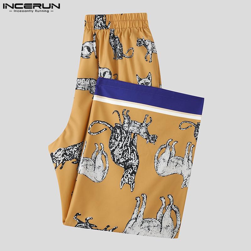 INCERUN Two Pieces Sets Men Short Sleeve Cartoon Print Shirts Pants Casual Loose Outfits