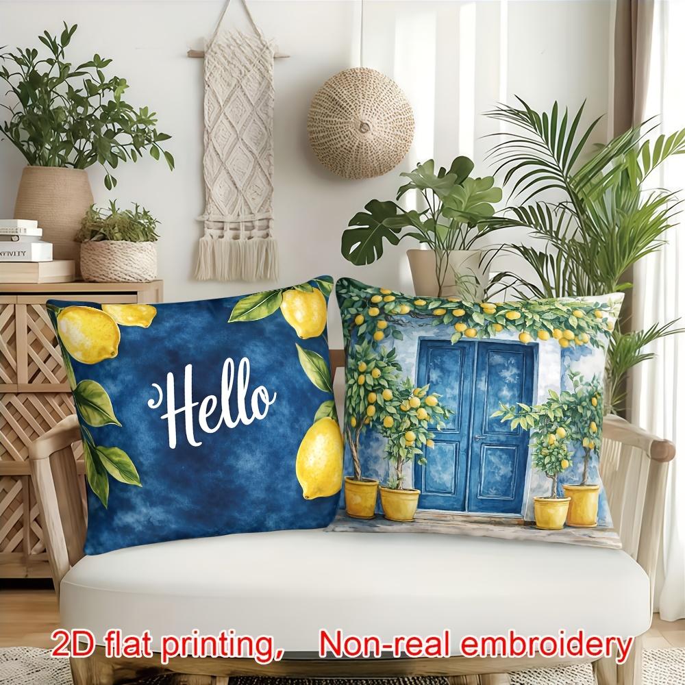 Hallo Sommer Zitronen Kissenbezüge, 2D Bedruckte Blaue Tür Blumenmuster Kissenhüllen, Nicht Gestickt Mediterrane Dekoration
